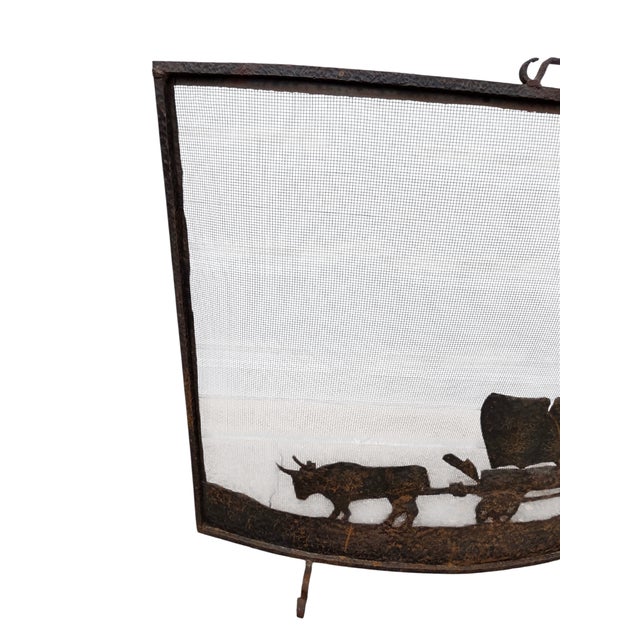 Rustic Antique Rustic Wrought Iron Fireplace Screen Silhouette Covered Wagon Ox Western For Sale - Image 3 of 18