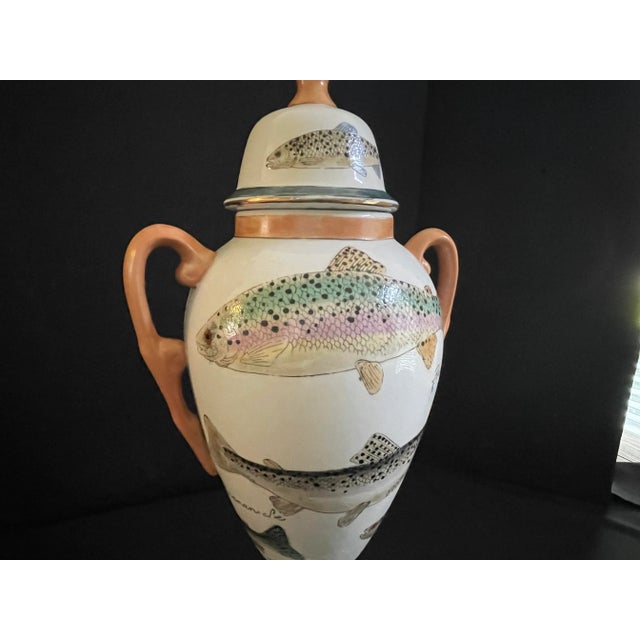 Late 20th Century Double Handled Ceramic Urn With Trout Motif For Sale In Atlanta - Image 6 of 12