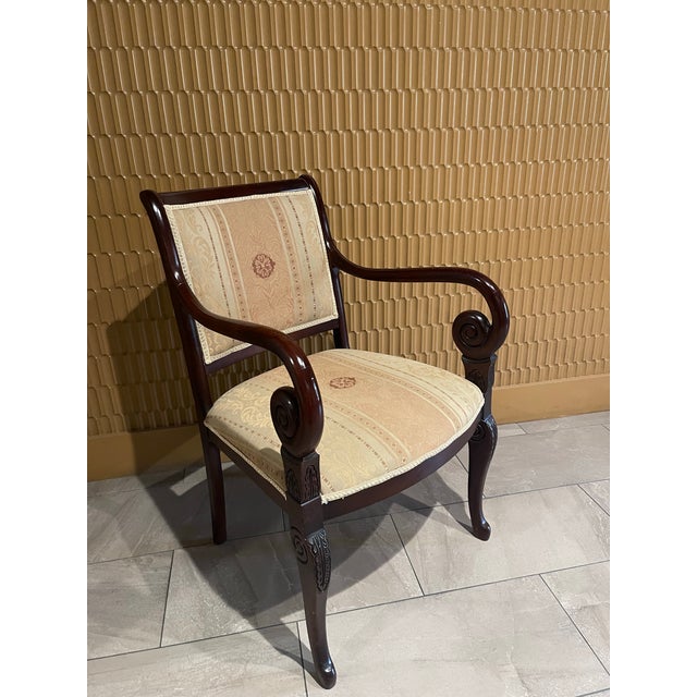 Late 20th Century Empire Revival Faiteuil Carved Mahogany & Brocade Armchair For Sale - Image 11 of 11
