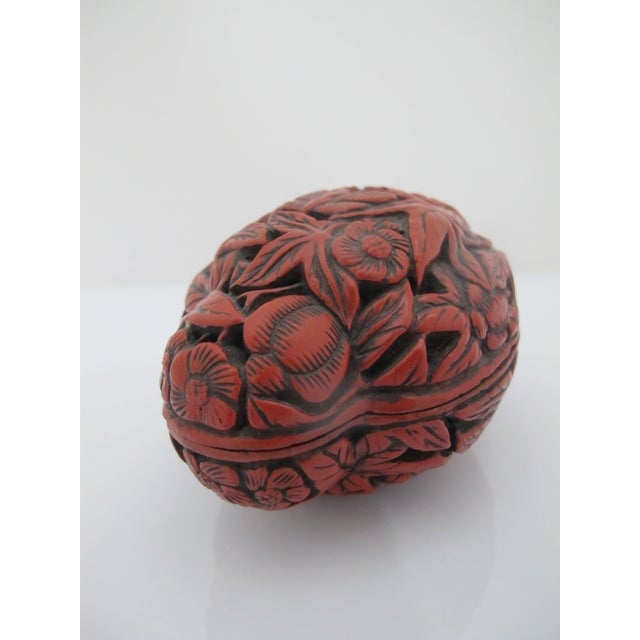 Paint Chinese Carved Cinnabar Lacquer Fruit Shaped Butterfly & Flower Trinket Box For Sale - Image 7 of 9