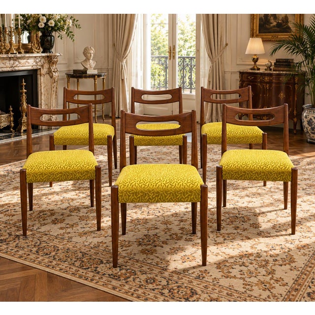 Mid-Century Modern Wooden Dining Chairs with Mustard Yellow Upholstery, 1960s, Set of 6, in Very Good conditions. Designed...