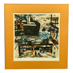 Jacques Petit French Modernist Harbor Scene Lithograph, 1961