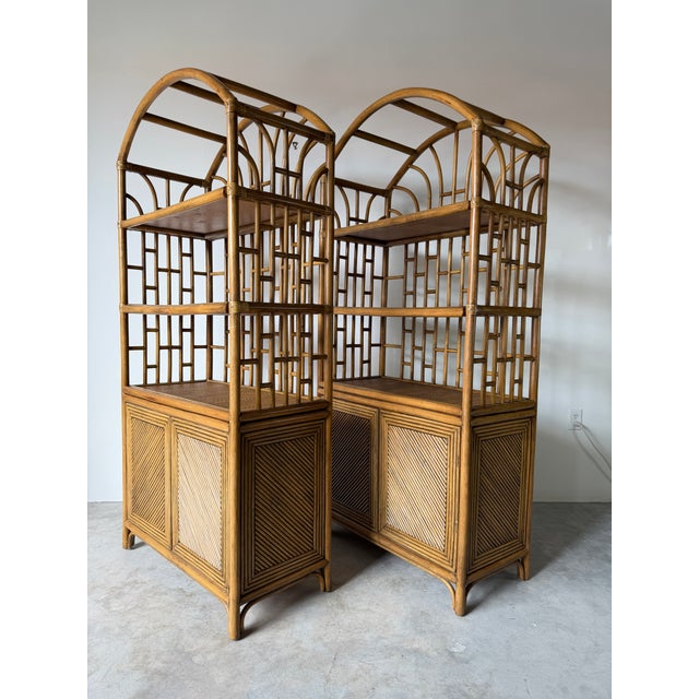 1970s 1970's Vintage Palm Beach Regency Arched Rattan Étagères With Cabinets – A Pair For Sale - Image 5 of 16