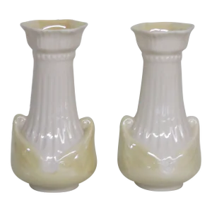 Irish Belleek Moore Porcelain Vases Yellow Lusterware a Pair