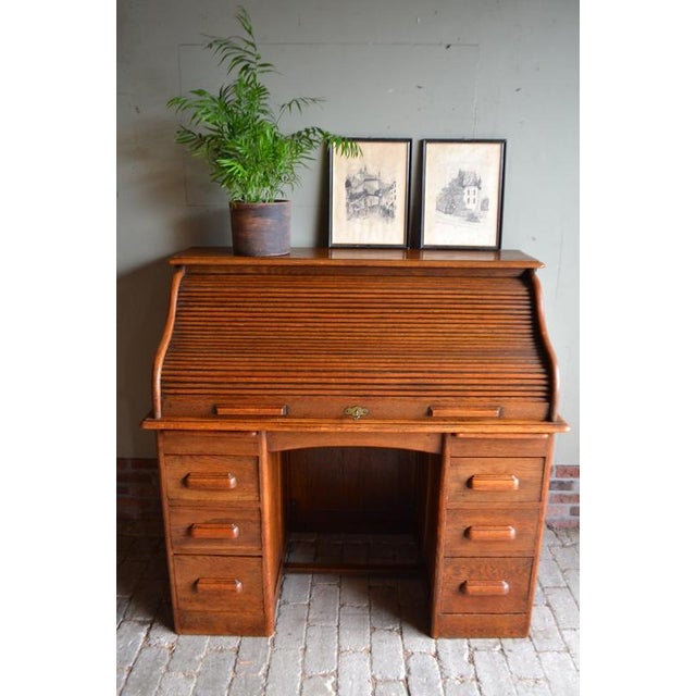 Antique Oak Roll-Up Desk and Office Chair, Set of 2 For Sale - Image 9 of 17