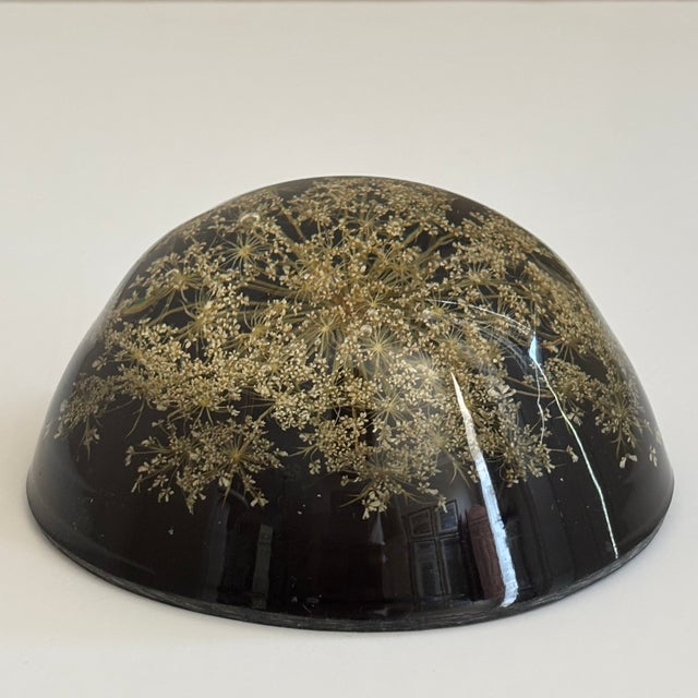 A striking vintage handcrafted resin paperweight featuring an intricately preserved Queen Anne's lace blossom suspended...