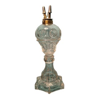 Antique Eapg Bullseye Fleur-De-Lis Glass Whale Oil Lamp Camphene Flint 1850s For Sale