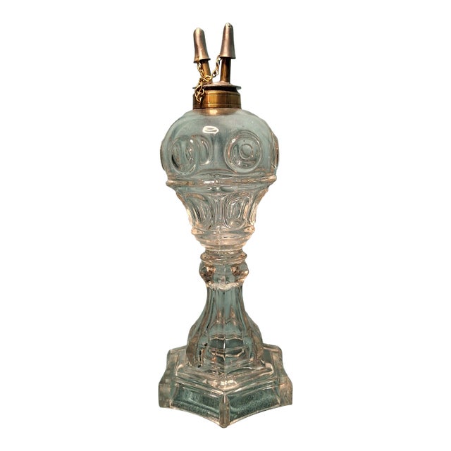 Antique Eapg Bullseye Fleur-De-Lis Glass Whale Oil Lamp Camphene Flint 1850s For Sale
