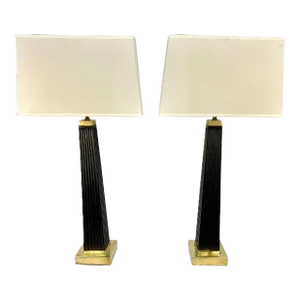 A Pair of Midcentury Fluted Wood and Brass Column Lamps