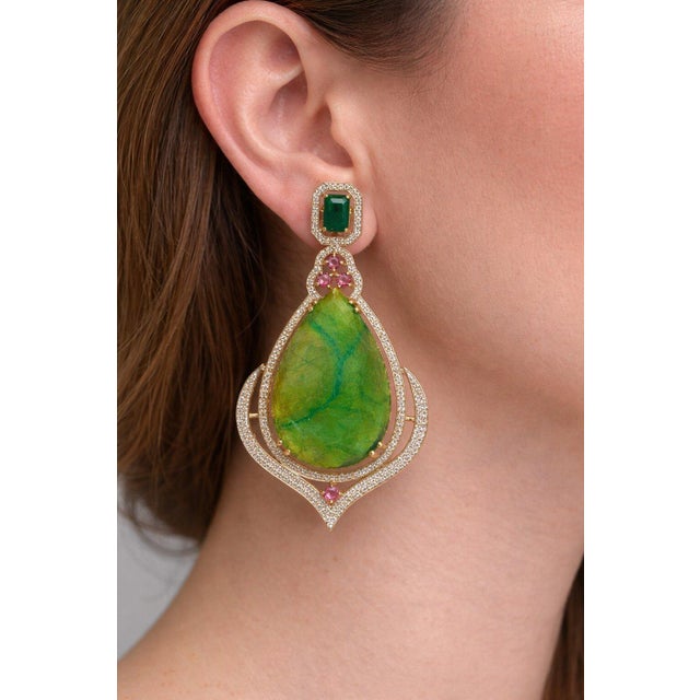 Late 20th Century Bochic “Capri” Vintage Emerald, Tourmaline & Diamond Earrings Set In 18K Gold & Silver For Sale - Image 5 of 13