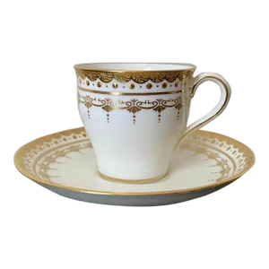 English Mintons Gold and White Porcelain Espresso Coffee Tea Cup and Saucer- 2 Pieces