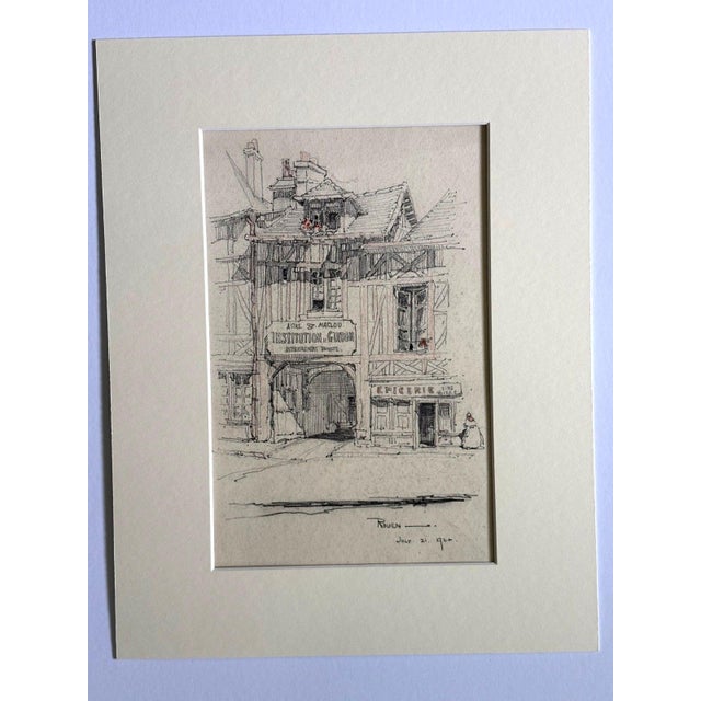 Antique 1920s Walter Church Drawing in 11x14 Mat - Aître Saint-Maclou, Rouen For Sale - Image 4 of 4