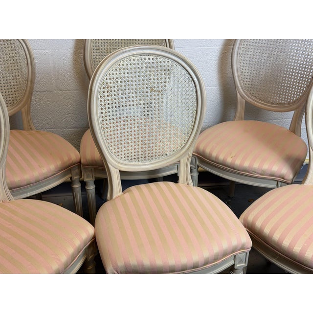 Ivory Vintage French Louis XVI Style Oval Cane Back Dining Chairs, Set of 6, C. 1970s For Sale - Image 8 of 17