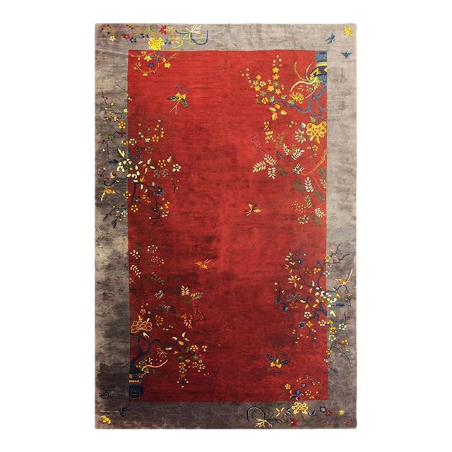 1920s Antique Vibrante Red Field Spray Floral Knotted Wool Chinese Art Deco Rug For Sale