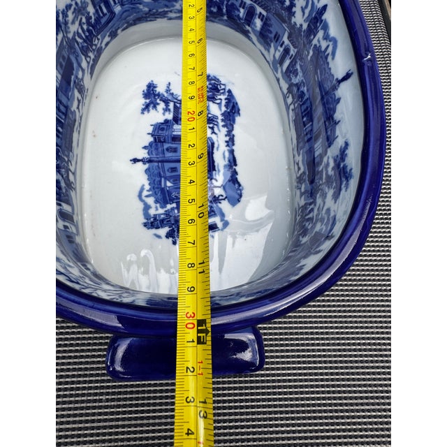 Large Vintage Blue & White Viscaya Ceramic Cachepot Centerpiece Bowl For Sale - Image 9 of 12