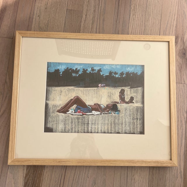 Vintage 1970s Pastel Painting of Sun Bathers For Sale - Image 4 of 10