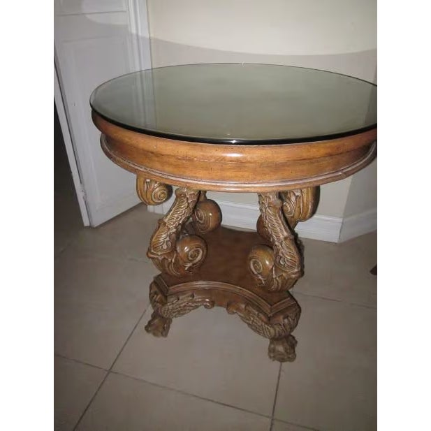 Mondamin 29" Round Tall Solid Wood Pedestal End Table Glass Top Classic Traditional Style Style: Traditional Color: Brown...