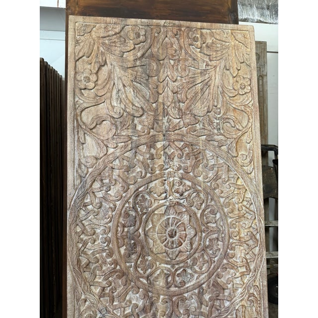 Wood Vintage Lotus Mandala Carved Barn Door – Reclaimed Wood Boho Wall Panel 80x36 For Sale - Image 7 of 8