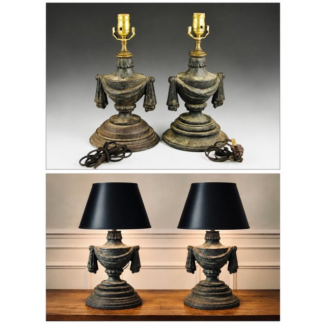Pair of Hollywood Regency Tassel Urn Metal Finial Lamps, 14.25” High For Sale - Image 6 of 6