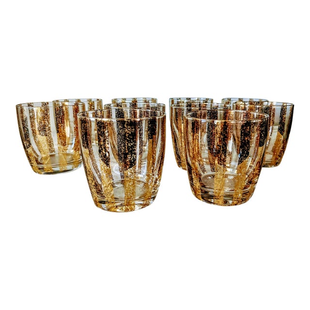 1960s Gold Leaf Striped Glasses- Set of 10 For Sale