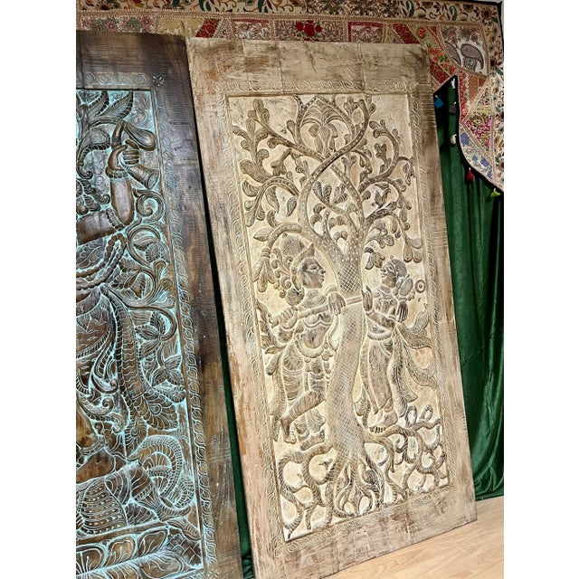 Wood Hand-Carved Radha Krishna Barn Door – Vintage Indian Wall Art With Boho Elegance 84x41 For Sale - Image 7 of 9