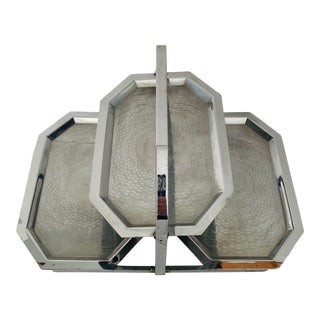 Vintage Art Deco Multi-Tier Chrome Etched Folding Serving Tray For Sale