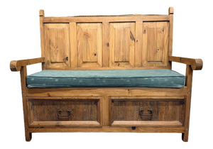 Vintage Mexican High-Back Bench in Pine with Storage
