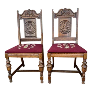 Pair of Antique Jacobean Style Solid Tiger Oak Needlepoint Dining Chairs, 19th Century