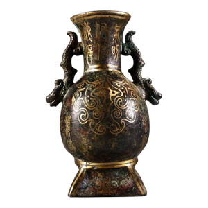 Bronze Vase With Gold Inlay, Twin Dragon Head Handles & Archaic Script, Chinoiserie Tabletop Bronze Vessel