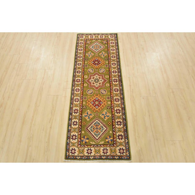 Farmhouse Kazak Runner 2’1” X 5’11” Green Wool Tribal Hand-Knotted Oriental Rug For Sale - Image 3 of 10