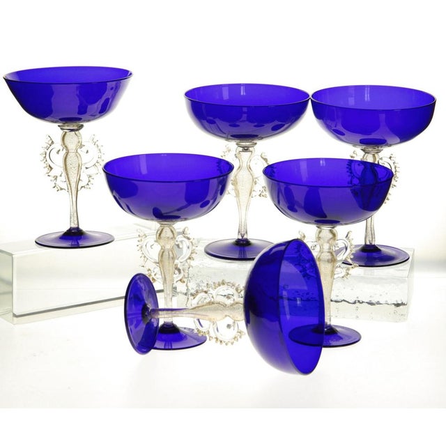 Champagne Glasses in Cobalt Murano Glass with Signed Gold Accents from Cenedese, 1950s, Set of 6 For Sale - Image 10 of 17