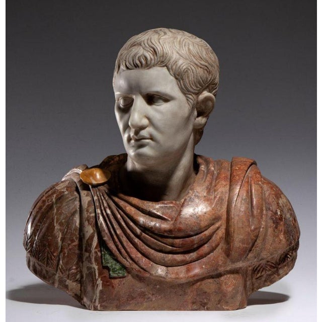 Amazing Bust of a Roman Emperor, Italy, early 19th century Height x width x depth: 51 x 53 x 29 cm in polychrome marble,...