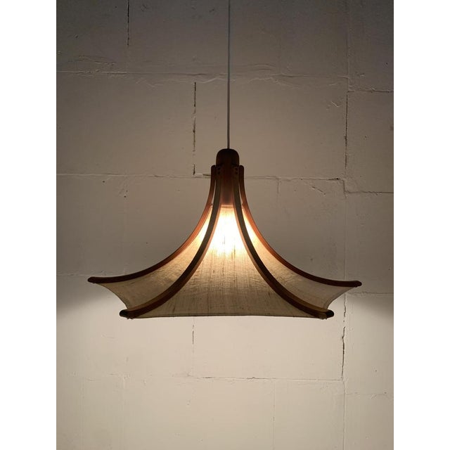 Mid-Century Modern Teak and Linen Umbrella Pendant Hanging Lamp attributed to Domus, 1970s For Sale - Image 3 of 14