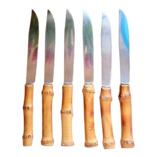 1960s Set of 11 French Burnt Bamboo Steak Knives For Sale