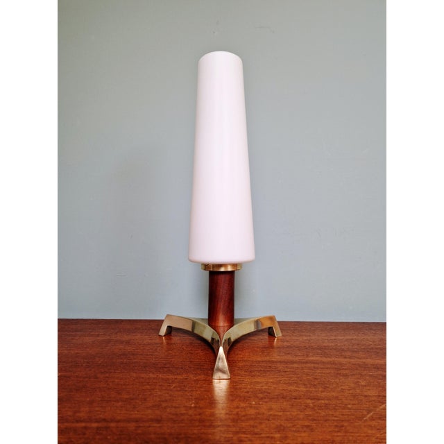 Metal Scandinavian Tripod Table Lamp in Brass, Teak and White Satin Opaline Glass, 1960 For Sale - Image 7 of 15