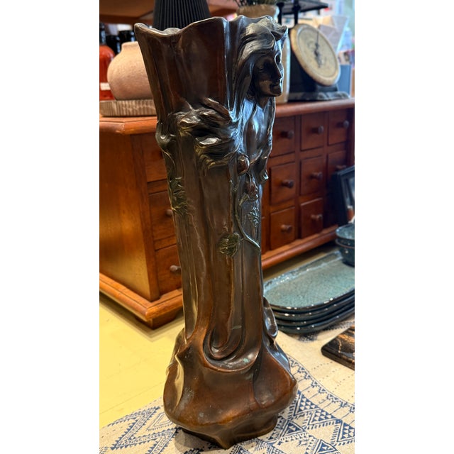 Art Nouveau Early 20th Century Early Patinated Bronze Art Nouveau Vase With Maiden & Floral Design by Francesco Flora For Sale - Image 3 of 17