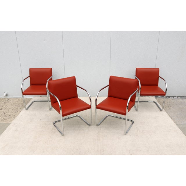 Ludwig Mies Van Der Rohe Brno Tubular Chairs in Orange Vinyl by Gordon, Set of 4 For Sale In New York - Image 6 of 18