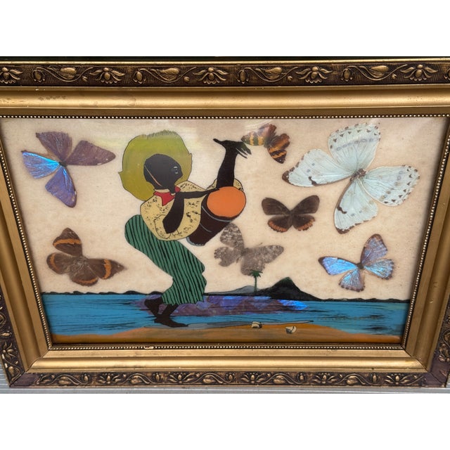 Vintage African Folk Art Iridescent Morpho Butterfly Wing Mosaic Made in Brazil For Sale - Image 6 of 15