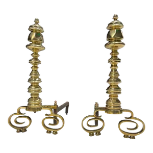 Pair of American Empire Faceted Brass Finial Andirons Having Scrolled Legs & Double Ball Feet Circa 1790s