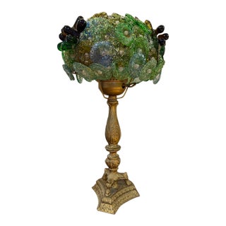 Beautiful 1970s Hollywood Regency Hand Blown Murano Glass Textured Translucent Blue, Green and Yellow Flowers Lampshade With Original Base For Sale