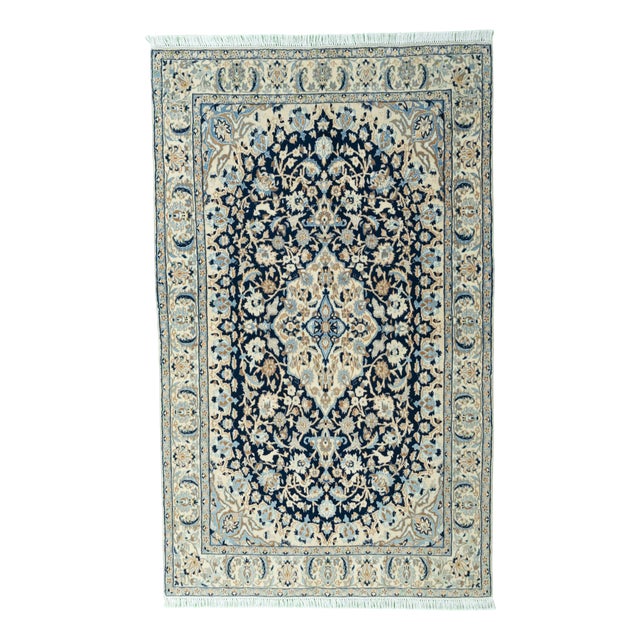 Hand-Knotted Nain 9la Oriental Rug 195 X 120 Cm Fine Wool & Silk, Medallion, Blue-Beige For Sale