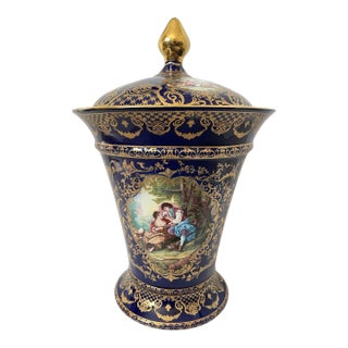 Large Vintage Limoges France Cobalt Blue Gold Courting Couple Handpainted Urn For Sale