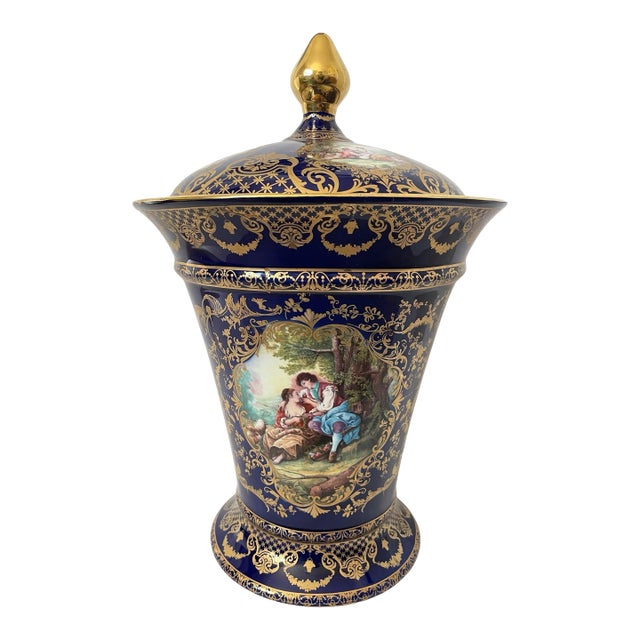 Large Vintage Limoges France Cobalt Blue Gold Courting Couple Handpainted Urn For Sale