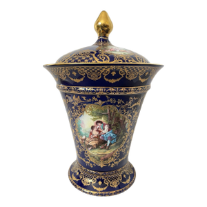 Large Vintage Limoges France Cobalt Blue Gold Courting Couple Handpainted Urn