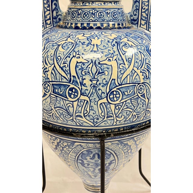 Antique Blue and White Ceramic Alhambra Vase and Iron Stand For Sale - Image 10 of 12