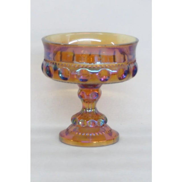 Kings Crown Thumbprint Indiana Carnival Glass Amber Compote Candy Dish For Sale - Image 9 of 11
