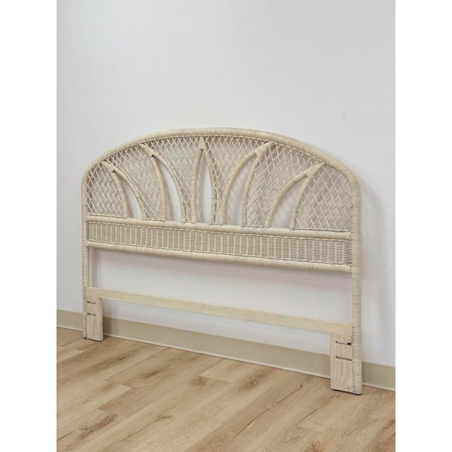Hollywood Regency Vintage White Wicker Arched Queen Headboard Coastal Boho Hollywood Regency For Sale - Image 3 of 12