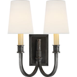 Thomas O'Brien for Visual Comfort Signature Modern Library Double Sconce in Bronze with Linen Shades For Sale