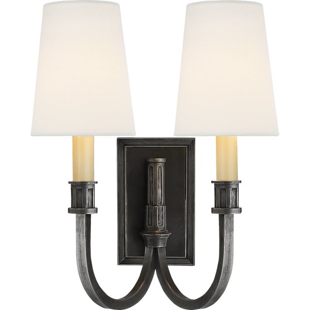 Modern Library Double Sconce in Bronze with Linen Shades Designer: Thomas O'Brien Finish: Bronze Height: 14.5" Width:...