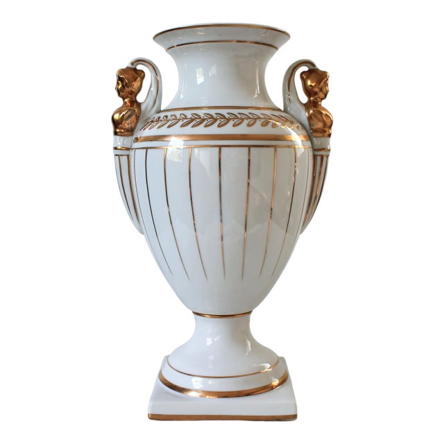 Neoclassical Porcelain Gold & White Female Figural Urn For Sale